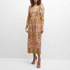 Atelier 17.56 Vitorina Abstract Print Midi Dress Coral Lime Size Small NEW NWT